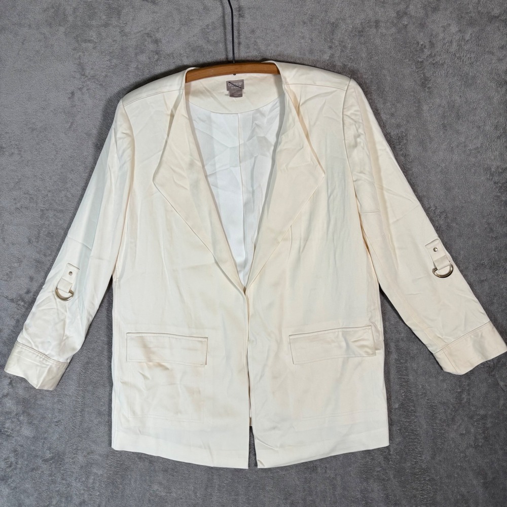 Chicos Zenergy Cream Open Front Blazer Roll Tab Sleeve D-Ring Size 1 US 8/10
